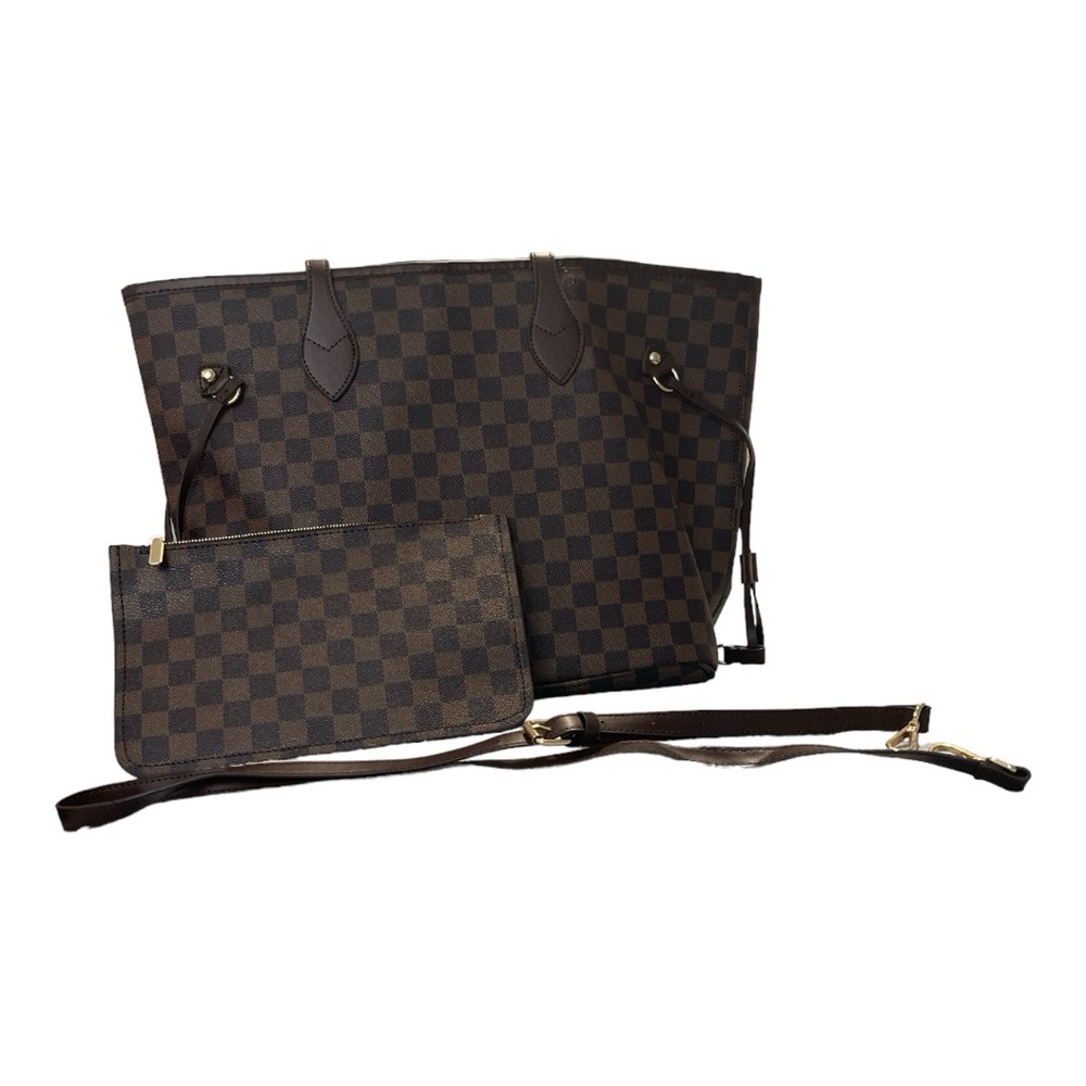 Brown Checkerboard Tote with Matching Pouch/Wristlet